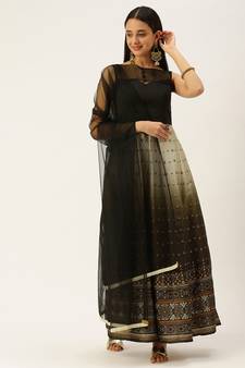 Ethnovogue Ready To Wear Black N Green Taffeta Printed Anarkali Suit