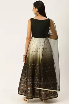 Ethnovogue Ready To Wear Black N Green Taffeta Printed Anarkali Suit