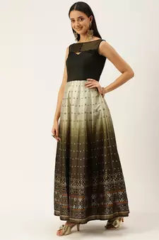 Ethnovogue Ready To Wear Black N Green Taffeta Printed Anarkali Suit