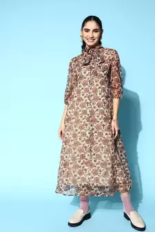 Beige printed cotton long-dresses