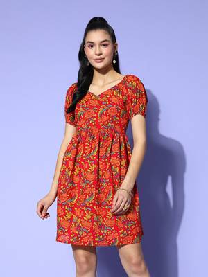 Red printed cotton long-dresses 1
