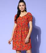 Red printed cotton long-dresses