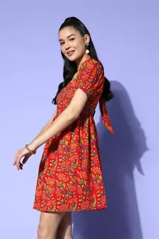 Red printed cotton long-dresses