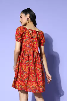 Red printed cotton long-dresses