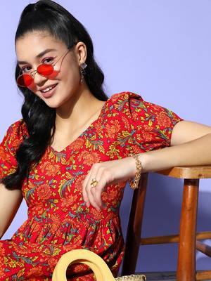 Red printed cotton long-dresses 4