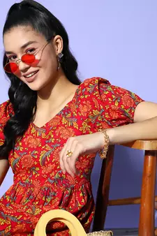 Red printed cotton long-dresses