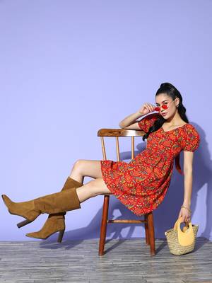Red printed cotton long-dresses 5