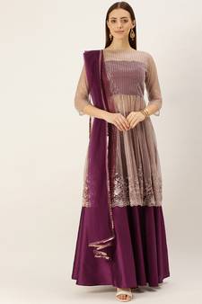 Ethnovogue Ready To Wear Dark Purple N Brown Embroidered Lehenga Set