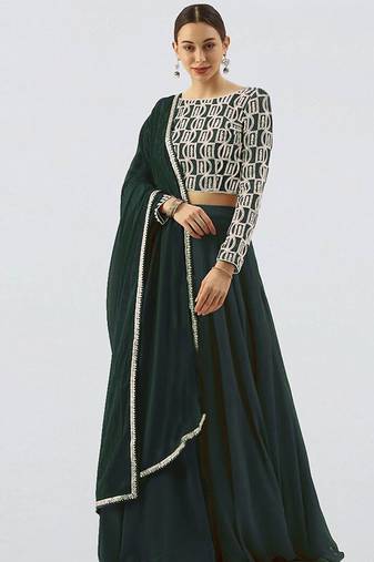 Ethnovogue Ready To Wear Green Georgette Embroidered Boat Neck Lehenga Set