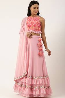 Ethnovogue Ready To Wear Multicolored Georgette Mirror Embroidery Pink Lehenga Set