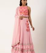 Ethnovogue Ready To Wear Multicolored Georgette Mirror Embroidery Pink Lehenga Set