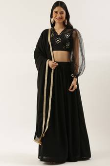 Ethnovogue Ready To Wear Black Embroidered Blouse N Gathered Lehenga Set