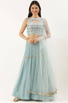 Ethnovogue Ready To Wear Grey N Green Embroidered Layered Lehenga Set