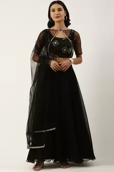 Ethnovogue Ready To Wear Black Chinon Embroidered Lehenga Set