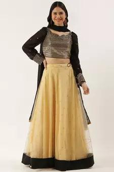 Ethnovogue Ready To Wear Black Georgette Mirror Embroidery Beige Lehenga Set