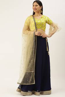 Ethnovogue Ready To Wear Yellow Mirror Embroidered Viscose Navy Blue Lehenga Set
