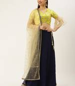 Ethnovogue Ready To Wear Yellow Mirror Embroidered Viscose Navy Blue Lehenga Set