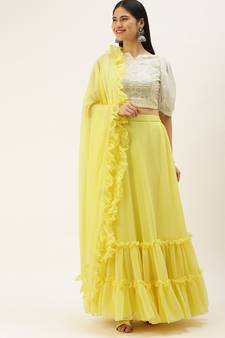 Ethnovogue Ready To Wear White Viscose Embroidered Yellow Lehenga Set