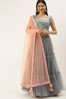 Ethnovogue Ready To Wear Grey Embroidered Organza Lehenga Set