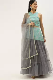 Ethnovogue Ready To Wear Multicolored Chinon N Light Grey Net Layered Lehenga Set