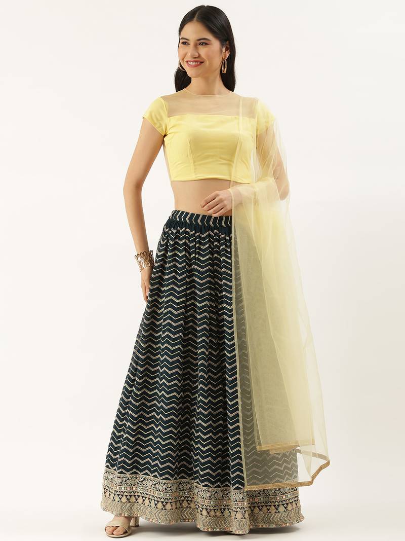 Ethnovogue Ready To Wear Dark Green Georgette Embroidered Lehenga Set