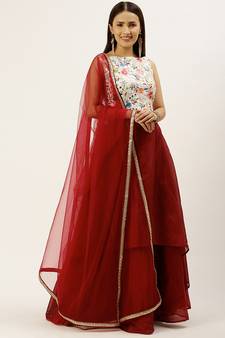 Ethnovogue Ready To Wear Maroon Chanderi N Multicolored Layered Lehenga Set