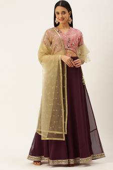 Ethnovogue Ready To Wear Wine Viscose Embroidered Pink Lehenga Set