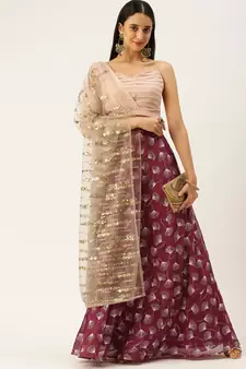 Ethnovogue Ready To Wear Maroon Satin N Pink Draped Style Lehenga Set