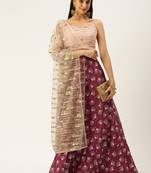Ethnovogue Ready To Wear Maroon Satin N Pink Draped Style Lehenga Set
