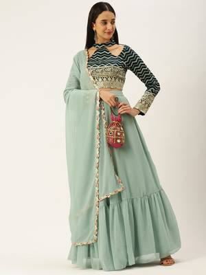 Ethnovogue Ready To Wear Dark Green Georgette Embroidered Lehenga Set 1