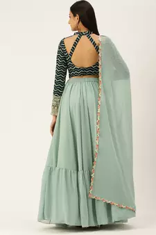 Ethnovogue Ready To Wear Dark Green Georgette Embroidered Lehenga Set