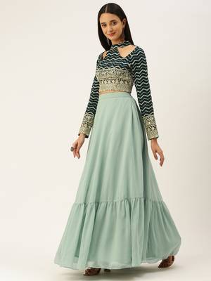 Ethnovogue Ready To Wear Dark Green Georgette Embroidered Lehenga Set 3