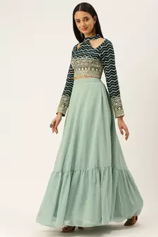 Ethnovogue Ready To Wear Dark Green Georgette Embroidered Lehenga Set