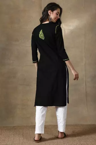 Black embroidered cotton cotton-kurtis
