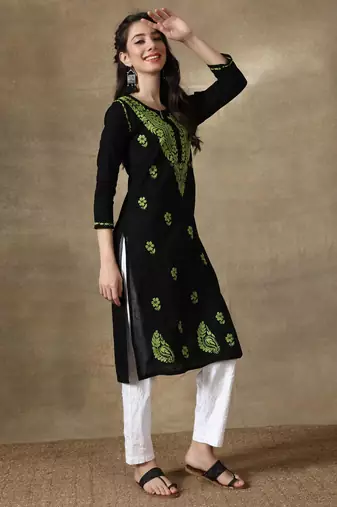 Black embroidered cotton cotton-kurtis