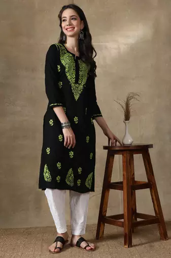 Black embroidered cotton cotton-kurtis