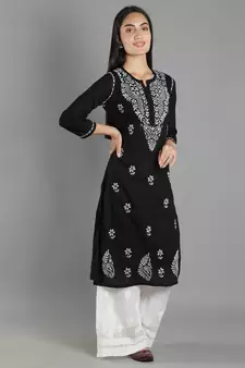 Black embroidered cotton cotton-kurtis