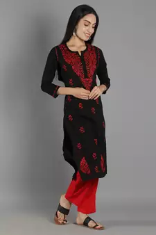Black embroidered cotton cotton-kurtis