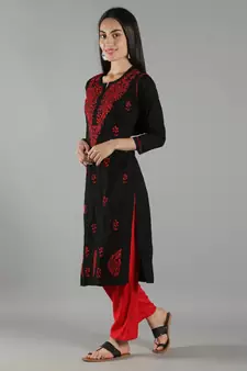 Black embroidered cotton cotton-kurtis