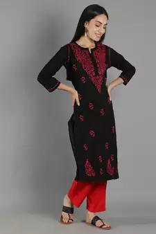 Black embroidered cotton cotton-kurtis