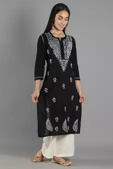 Black embroidered cotton cotton-kurtis