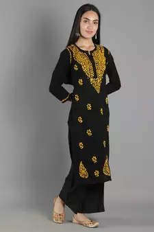 Black embroidered cotton cotton-kurtis