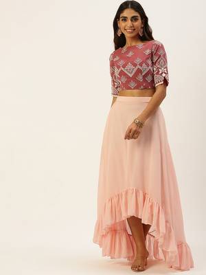 Ethnovogue Ready To Wear Mauve Embroidered N Peach Crop Top N Skirt 1