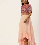 Ethnovogue Ready To Wear Mauve Embroidered N Peach Crop Top N Skirt