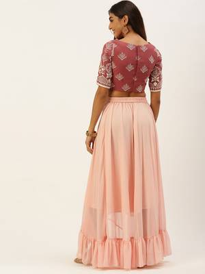 Ethnovogue Ready To Wear Mauve Embroidered N Peach Crop Top N Skirt 2