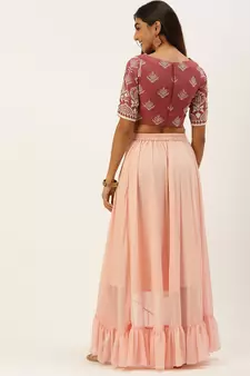 Ethnovogue Ready To Wear Mauve Embroidered N Peach Crop Top N Skirt