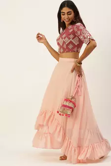 Ethnovogue Ready To Wear Mauve Embroidered N Peach Crop Top N Skirt