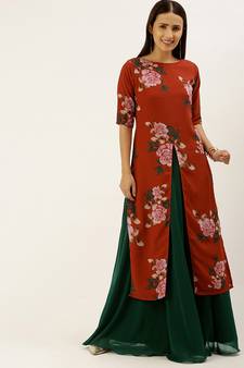 Ethnovogue Ready To Wear Rust Printed N Green Georgette Kurta Skirt Set