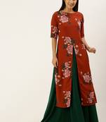 Ethnovogue Ready To Wear Rust Printed N Green Georgette Kurta Skirt Set