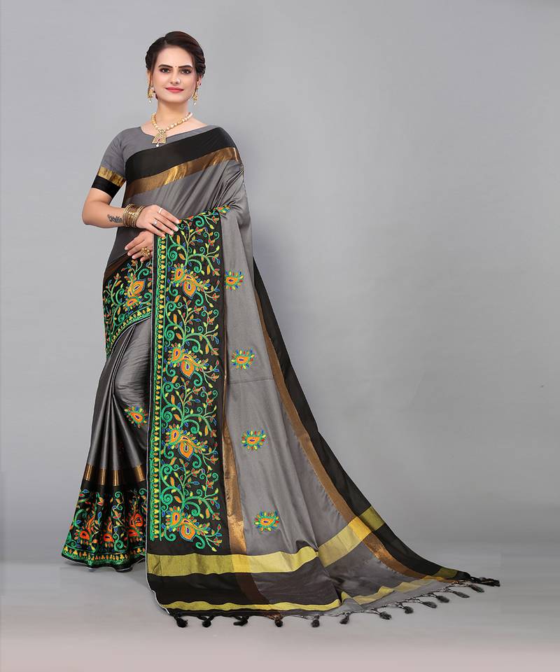 Pisara Grey Cotton Silk Thread Embroidery Saree